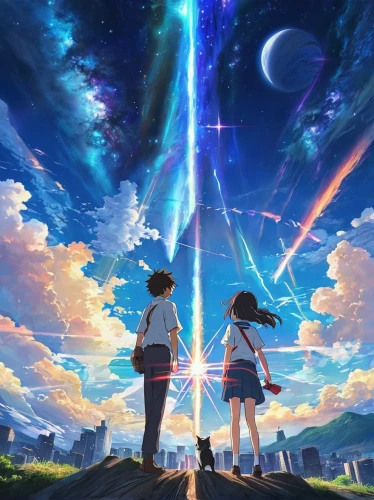 star sky,travelers,beam of light,falling stars,magical,star winds,sky,rainbow and stars,beyond,would a background,studio ghibli,falling star,cg artwork,beam,dream world,薄雲,meteor,celestial event,celestial,flying sparks,Illustration,Realistic Fantasy,Realistic Fantasy 31