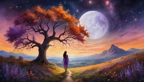 fantasy picture,purple landscape,fantasy landscape,autumn background,girl with tree,fantasy art,landscape background,the mystical path,world digital painting,magic tree,the girl next to the tree,purple moon,autumn landscape,forest of dreams,dream world,autumn tree,dreamland,lone tree,lilac tree,creative background,Illustration,Paper based,Paper Based 24