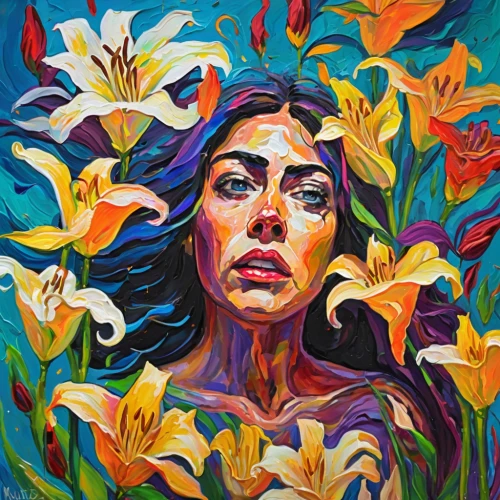 girl in flowers,kahila garland-lily,cluster-lilies,flora,girl in the garden,lilies,lillies,flower painting,tiger lily,oil painting on canvas,falling flowers,beautiful girl with flowers,iris,kaleidoscope art,flower art,colorful floral,lyzz flowers,oil on canvas,petals,day lilly,Conceptual Art,Oil color,Oil Color 21