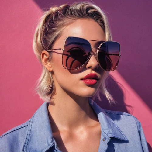 wallis day,sunglasses,shades,pink glasses,cool blonde,pink round frames,sun glasses,sunglass,aviator sunglass,color glasses,pink background,denim background,eyewear,ray-ban,lace round frames,ski glasses,neon makeup,pink beauty,tints and shades,aviator,Conceptual Art,Daily,Daily 25