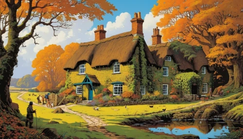 country cottage,thatched cottage,cottage,cottages,autumn idyll,autumn landscape,home landscape,country house,summer cottage,houses clipart,witch's house,house painting,water mill,lincoln's cottage,country hotel,fall landscape,robert duncanson,farmhouse,england,crooked house,Conceptual Art,Sci-Fi,Sci-Fi 17