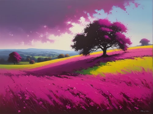 purple landscape,meadow in pastel,meadow landscape,lavender field,pink grass,lavender fields,lilac tree,blooming field,landscape background,rural landscape,landscape,summer meadow,pink-purple,violet colour,lavenders,springtime background,la violetta,nature landscape,provence,farm landscape,Illustration,American Style,American Style 14