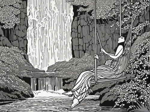 bridal veil fall,woman at the well,rusalka,secret garden of venus,water fall,water falls,waterfall,ash falls,wasserfall,bridal veil,falls,waterfalls,water-the sword lily,cool woodblock images,the night of kupala,water nymph,mother nature,ramayana,garden of eden,cascading,Illustration,Black and White,Black and White 21