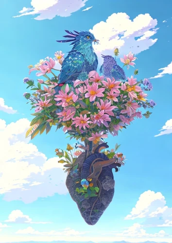 flower and bird illustration,bird kingdom,bird bird kingdom,芦ﾉ湖,falling flowers,blue birds and blossom,bird flower,blue bird,floating island,blooming field,flower tree,flourishing tree,springtime background,peacocks carnation,spring bird,spring background,bird couple,birds on a branch,strawberry tree,bird home,Common,Common,Japanese Manga