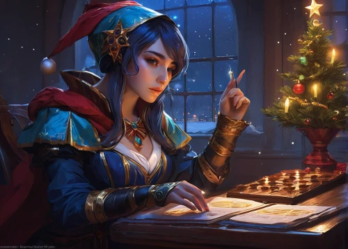 christmas wallpaper,christmas woman,elf,scandivian christmas,gnomes at table,elves,gnome and roulette table,fortune teller,wood elf,chess player,christmasbackground,chess game,violet head elf,christmas gnome,christmas table,candlemaker,christmas scene,opening presents,christmas picture,mage,Illustration,Realistic Fantasy,Realistic Fantasy 28