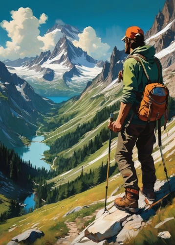 mountain guide,hiker,alpine crossing,the spirit of the mountains,mountain scene,fjäll,mountaineer,hiking equipment,backpacking,trekking poles,adventurer,free wilderness,arête,mountain boots,mountain hiking,high alps,the wanderer,bernese alps,high-altitude mountain tour,mountain landscape,Conceptual Art,Oil color,Oil Color 04