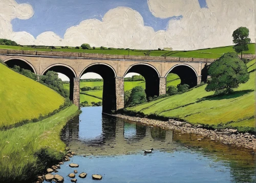 sweeping viaduct,viaduct,stone arch,aqueduct,tied-arch bridge,arch bridge,chmarossky viaduct,pontsycyllte,railway bridge,bridge arch,gapstow bridge,stone bridge,devil's bridge,otley,ribblehead viaduct,bailey bridge,chapel bridge,river landscape,railroad bridge,creuse,Art,Artistic Painting,Artistic Painting 49