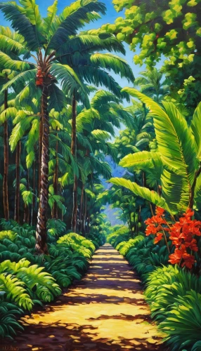 palm pasture,palm forest,palm field,palmtrees,palm garden,forest landscape,tropical jungle,pathway,forest road,forest path,palm trees,tropical island,royal palms,palm branches,kauai,two palms,tropical and subtropical coniferous forests,cycad,tropical bloom,maui,Illustration,Japanese style,Japanese Style 05