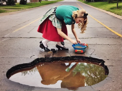 puddle,pot hole,puddles,alice in wonderland,sinkhole,storm drain,water pollution,conceptual photography,sanitary sewer,street artists,environmental art,street artist,ny sewer,mirror water,giant water bug,girl washes the car,my neighbor totoro,street cleaning,sewage pipe polluted water,wizard of oz,Illustration,Retro,Retro 10