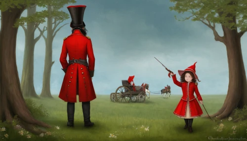 red coat,red riding hood,fox hunting,little red riding hood,nettle family,poppy family,game illustration,hunting scene,man in red dress,forest workers,red tunic,scythe,stilts,arrowroot family,barberry family,sci fiction illustration,red hat,fantasy picture,majorette (dancer),horsetail family,Illustration,Abstract Fantasy,Abstract Fantasy 06