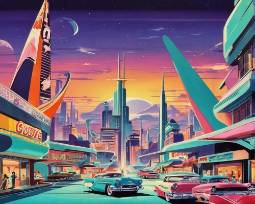 retro diner,futuristic landscape,retro background,80s,fantasy city,1980s,1980's,sci-fi,sci - fi,neon arrows,80's design,futuristic,retro styled,metropolis,sky city,atomic age,drive in restaurant,los angeles,electric gas station,colorful city,Illustration,Retro,Retro 12