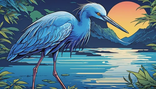 bird painting,tropical bird,pacific heron,coastal bird,great blue heron,great heron,little blue heron,heron,tropical birds,spoon heron,bird illustration,white-faced heron,blue parrot,blue macaw,gray heron,majorelle blue,water bird,blue bird,waterbird,cow heron,Illustration,Japanese style,Japanese Style 04