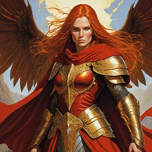 archangel,fire angel,the archangel,angel,red chief,paladin,fiery,minerva,guardian angel,female warrior,phoenix,angels of the apocalypse,artemisia,helios,business angel,goddess of justice,baroque angel,uriel,heroic fantasy,garuda,Illustration,Realistic Fantasy,Realistic Fantasy 04