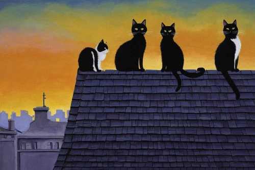 cats on brick wall,cat family,gargoyles,chimneys,house roofs,cat silhouettes,roofs,cats,rooftops,vintage cats,cat european,housetop,houses silhouette,cat lovers,cat cartoon,on the roof,house silhouette,felines,roofers,cat's cafe,Illustration,Realistic Fantasy,Realistic Fantasy 36