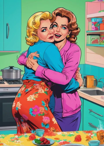 domestic,retro women,girlfriends,retro 1950's clip art,domestic life,retro pin up girls,mother and daughter,modern pop art,mother kiss,mothers love,vintage illustration,mom and daughter,valentine day's pin up,pin-up girls,cool pop art,vintage girls,mother's,their mums,50's style,menopause,Illustration,Vector,Vector 19