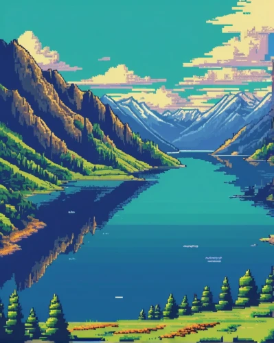 pixel art,mountains,landscape background,lake,mountainlake,fjord,mountain lake,mountain range,beautiful lake,fjords,lakeside,mountain world,evening lake,heaven lake,mountain landscape,mountainous landscape,giant mountains,mountain,montana,mountain scene,Unique,Pixel,Pixel 04