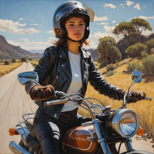 motorbike,motorcycle,motorcyclist,motorcycles,motorcycle helmet,motorcycling,oil painting on canvas,vespa,girl with bread-and-butter,girl with a wheel,oil painting,biker,girl and car,ride out,motor-bike,moped,girl with speech bubble,motorcycle tour,messenger,woman bicycle,Conceptual Art,Fantasy,Fantasy 15