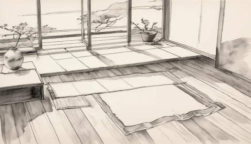 japanese-style room,window sill,wooden bench,ryokan,frame drawing,windowsill,game drawing,study room,house drawing,tatami,pencil frame,garden bench,wooden table,classroom,drawing course,study,tea ceremony,writing desk,sheet drawing,kitchen table,Illustration,Paper based,Paper Based 30