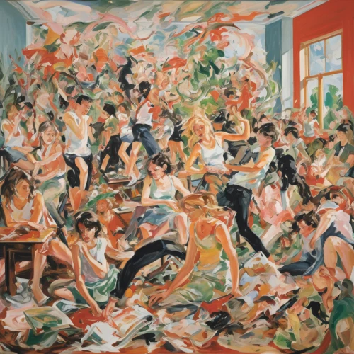 athens art school,children studying,school of athens,pillow fight,school children,class room,classroom,braque francais,post impressionist,orchestra,art academy,children drawing,audience,exploding,popular art,lecture hall,meticulous painting,art world,the boiler room,lecture room,Conceptual Art,Oil color,Oil Color 18