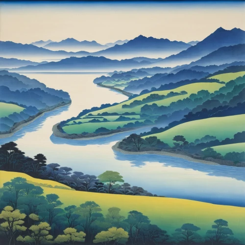 river landscape,luo han guo,japan landscape,wuyi,yunnan,cool woodblock images,chinese art,guizhou,lake tanuki,brook landscape,tong sui,rou jia mo,meanders,japanese art,mountainous landscape,oriental painting,yuanyang,choi kwang-do,tai qi,han thom,Illustration,Japanese style,Japanese Style 17