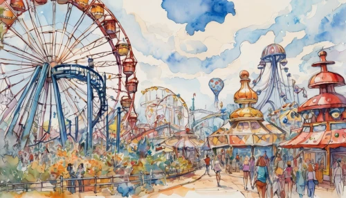 amusement park,prater,luna park,watercolor paris,oktoberfest background,annual fair,fairground,oktoberfest,carousel,funfair,watercolor,amusement ride,watercolors,navy pier,ferris wheel,watercolor background,watercolor painting,coney island,carnival tent,carnival,Illustration,Paper based,Paper Based 24