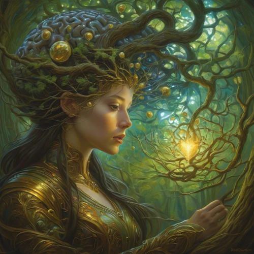 dryad,faerie,faery,girl with tree,mystical portrait of a girl,the enchantress,tree crown,fantasy portrait,fae,celtic tree,the branches of the tree,girl in a wreath,mother earth,fantasy art,flourishing tree,fantasy picture,magic tree,forest of dreams,enchanted forest,anahata,Illustration,Realistic Fantasy,Realistic Fantasy 03