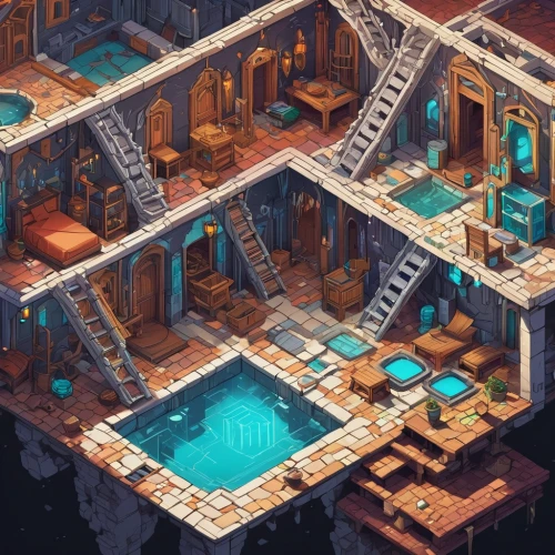 an apartment,pool house,apartment,aqua studio,apartments,rooms,swimming pool,apartment house,floating huts,houseboat,isometric,apartment complex,dug-out pool,dungeon,shared apartment,retirement home,inverted cottage,underwater playground,apartment block,tavern,Unique,3D,Isometric