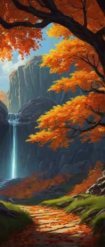 fall landscape,autumn landscape,autumn background,autumn mountains,fantasy landscape,autumn scenery,landscape background,autumn forest,autumn idyll,forest landscape,mountain landscape,cartoon video game background,nature landscape,mountain scene,autumn tree,ash falls,high landscape,robert duncanson,the autumn,autumn theme,Illustration,Retro,Retro 09