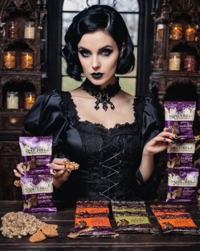 halloween candy,whitby goth weekend,vampira,vampire woman,gothic woman,lavander products,calaverita sugar,dark mood food,gothic fashion,goth woman,goth whitby weekend,vampire lady,aniseed biscuits,dark gothic mood,gothic portrait,goth subculture,psychic vampire,black currant,apothecary,halloween pumpkin gifts,Illustration,Realistic Fantasy,Realistic Fantasy 46