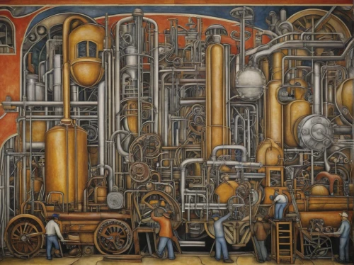 brewery,industry,the production of the beer,distillation,industries,david bates,the industry,boilermaker,winemaker,the boiler room,heavy water factory,refinery,industrial landscape,machinery,oil on canvas,cylinders,industry 4,industrial plant,industrial tubes,oils,Illustration,Paper based,Paper Based 28