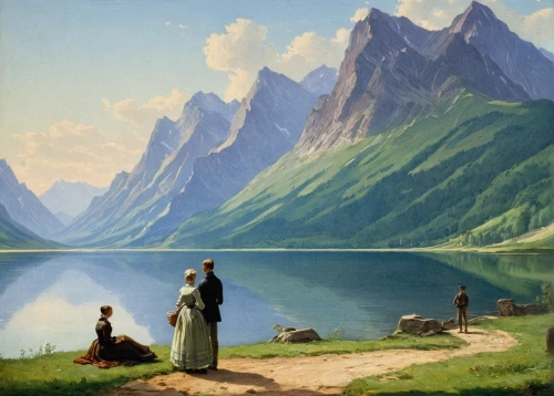 idyll,sound of music,mountain scene,fjord,fjords,lake lucerne region,sognefjord,hintersee,lake forggensee,alpsee,lake lucerne,mountainlake,romantic scene,landscape background,seealpsee,pilgrims,church painting,heaven lake,nordland,carl svante hallbeck,Art,Classical Oil Painting,Classical Oil Painting 24
