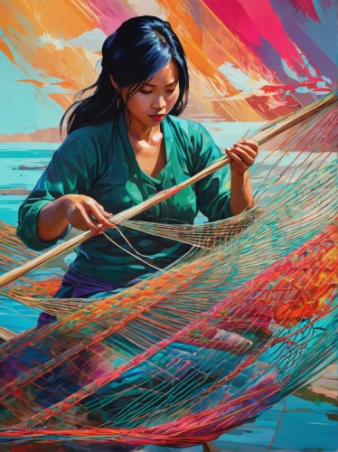 fishing net,weaving,fishing nets,basket weaver,woven rope,vietnamese woman,fisherman,felucca,chinese art,painting technique,fishermen,woven,meticulous painting,colourful pencils,woven fabric,han thom,little girl in wind,girl with cloth,fishing float,inle lake,Conceptual Art,Daily,Daily 21