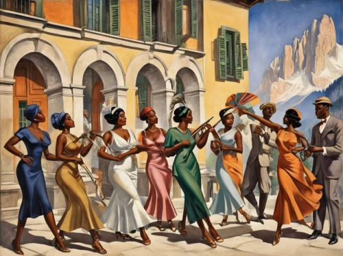 santiago di cuba,apollo and the muses,afro american girls,haiti,beautiful african american women,1940 women,street musicians,seven citizens of the country,dancers,latin dance,church painting,afro american,street scene,juneteenth,women at cafe,salsa dance,twenties of the twentieth century,vintage illustration,african american woman,italian painter,Illustration,Realistic Fantasy,Realistic Fantasy 21