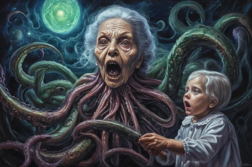 elder,sci fiction illustration,kraken,old couple,the collector,tentacles,grandparents,grandmother,calamari,grandparent,fantasy art,biologist,einstein,old age,mentor,elderly person,auqarium,old human,turmoil,surrealism,Illustration,Realistic Fantasy,Realistic Fantasy 47