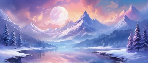 fantasy landscape,ice landscape,snow landscape,winter background,winter landscape,snowy landscape,landscape background,salt meadow landscape,snowy mountains,northrend,purple landscape,snow mountains,fantasy picture,ice planet,mountain landscape,winter forest,snowy peaks,fragrant snow sea,winter lake,christmas snowy background,Illustration,Realistic Fantasy,Realistic Fantasy 01