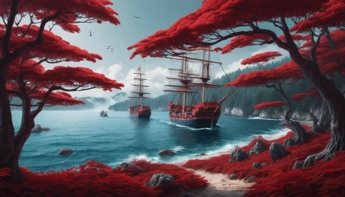 scarlet sail,red sail,sea sailing ship,sailing ship,galleon ship,monkey island,sailing ships,pirate ship,sail ship,east indiaman,fantasy picture,galleon,full-rigged ship,sea fantasy,world digital painting,tallship,boat landscape,three masted sailing ship,pirate treasure,fantasy landscape,Illustration,Realistic Fantasy,Realistic Fantasy 19