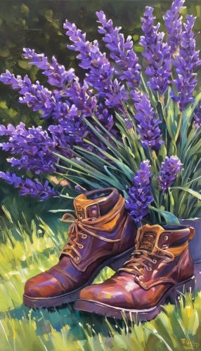 garden shoe,oil painting on canvas,still life of spring,outdoor shoe,lavender flowers,oil on canvas,women's shoe,oil painting,the lavender flower,flower painting,lavendar,leather shoe,purple flowers,lilacs,achille's heel,lavandula,oxford shoe,lupines,lavenders,purple rizantém,Conceptual Art,Daily,Daily 09