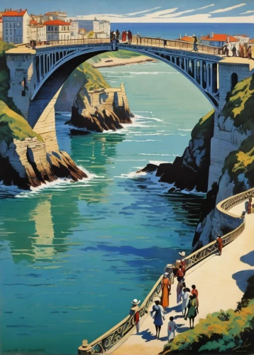 travel poster,breizh,llanes,tenby,breton,pont du gard,carrick-a-rede,bretagne,pont saint-bénézet,olle gill,finistère,dawlish,cool woodblock images,asturias,cornwall,spit bridge,grand bleu de gascogne,promenade,coastal landscape,angel bridge,Illustration,Realistic Fantasy,Realistic Fantasy 21