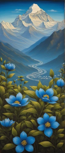 salt meadow landscape,alpine flowers,alpine forget-me-not,alpine meadow,darjeeling,mountain scene,antarctic flora,mountainous landscape,the valley of flowers,mountain landscape,mountain bluets,kamchatka,blue daisies,alpine flower,the amur adonis,landscape background,flower painting,khokhloma painting,high landscape,white water lilies,Illustration,Abstract Fantasy,Abstract Fantasy 17