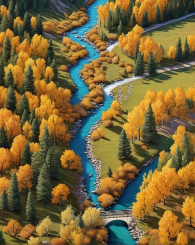 river landscape,autumn landscape,fall landscape,braided river,autumn mountains,a river,flowing creek,mountain river,aura river,mckenzie river,maligne river,fluvial landforms of streams,autumn scenery,larch forests,rivers,bow river,autumn forest,autumn trees,meanders,autumn idyll,Unique,3D,Isometric