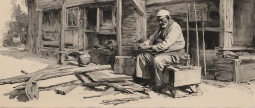 a carpenter,blacksmith,carpenter,woman hanging clothes,peddler,tinsmith,street scene,pilgrims,merchant,woman at the well,vintage drawing,vendor,july 1888,deadwood,village scene,destroyed houses,threshing,facade painting,woodwork,wood pile,Conceptual Art,Oil color,Oil Color 01