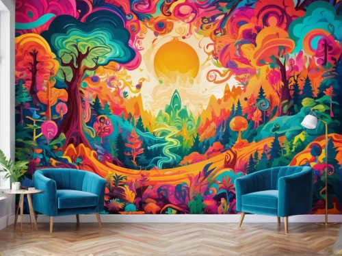 wall painting,wall decoration,painted wall,mural,children's room,wall paint,wall art,kids room,murals,psychedelic art,creative office,wall decor,boho art,interior design,great room,colorful tree of life,children's bedroom,tapestry,cartoon forest,interior decoration,Conceptual Art,Oil color,Oil Color 23