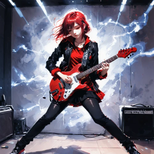 electric guitar,rocker,lady rocks,lead guitarist,rock music,concert guitar,guitarist,rock band,guitar,guitar player,electric bass,bass guitar,lightning,rock,rock concert,lightning bolt,playing the guitar,red-haired,epiphone,ibanez,Illustration,Paper based,Paper Based 20