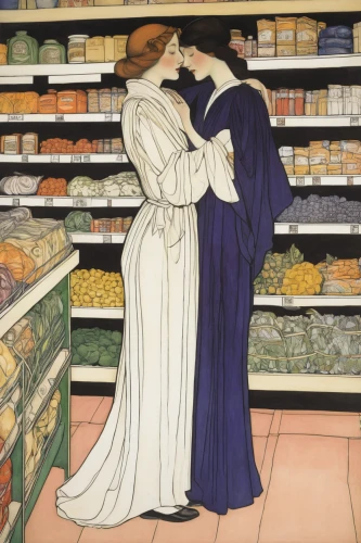 kate greenaway,woman shopping,cheese sales,grocer,brie de meux,vintage art,young couple,pharmacy,cheesemaking,vintage illustration,mucha,honeymoon,soap shop,as a couple,supermarket,shopping icon,courtship,bakery,cheese factory,in the pharmaceutical,Illustration,Retro,Retro 05