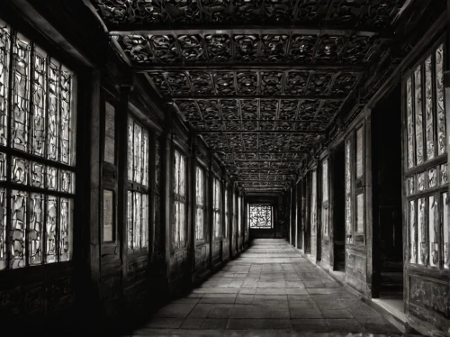 corridor,doge's palace,hall of supreme harmony,hallway,alcazar of seville,caravansary,empty hall,hall of the fallen,half-timbered wall,hallway space,monochrome photography,summer palace,passage,row of windows,wooden windows,the threshold of the house,persian architecture,cloister,empty interior,half-timbered,Illustration,American Style,American Style 04