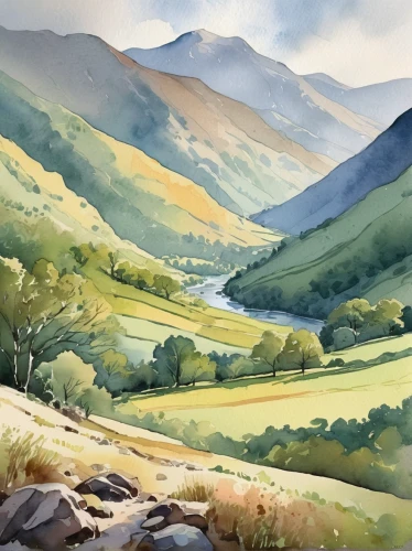 lake district,brook landscape,watercolour,glendalough,yorkshire dales,glenclova,exmoor,gap of dunloe,wales,peak district,salt meadow landscape,highlands,watercolor background,river landscape,wicklow,mountain landscape,glen of the downs,brecon beacons,mountain valley,trossachs national park - dunblane,Illustration,Paper based,Paper Based 25