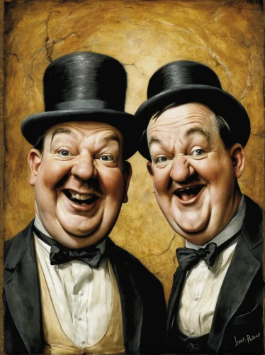 oliver hardy,oddcouple,churchill and roosevelt,nungesser and coli,comedy tragedy masks,ventriloquist,entertainers,preachers,caricature,caricaturist,portrait photographers,cartoon people,clowns,saurer-hess,grooms,vaudeville,stan laurel,wright brothers,artists,actors,Illustration,Realistic Fantasy,Realistic Fantasy 14