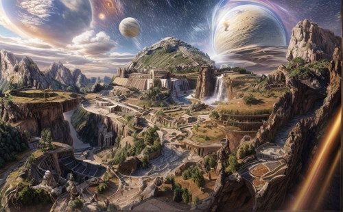 fantasy landscape,futuristic landscape,fantasy picture,alien world,fantasy art,terraforming,fantasy world,alien planet,3d fantasy,mountain world,zion,meteora,fantasy city,planet eart,mountain settlement,valley of the moon,ancient city,world digital painting,mountainous landscape,sci fiction illustration