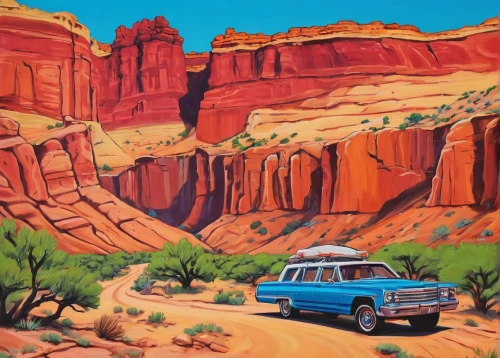 jeep wagoneer,travel trailer poster,station wagon-station wagon,vanagon,red canyon tunnel,arizona,travel van,desert landscape,street canyon,vwbus,desert desert landscape,car rental,canyon,southwestern,zion,ford maverick,jeep cherokee (xj),fairyland canyon,the old van,red rock canyon,Illustration,Vector,Vector 19