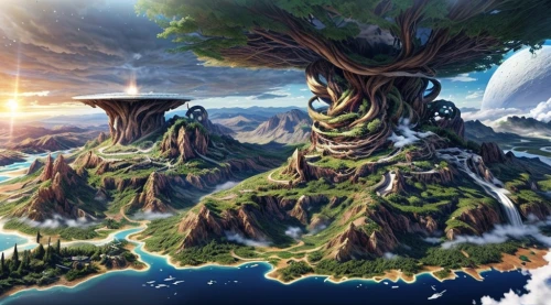 mushroom island,an island far away landscape,fantasy landscape,island of fyn,floating islands,the island,islands,fantasy picture,uninhabited island,tree of life,world digital painting,mushroom landscape,island of juist,lavezzi isles,flying island,aeolian landform,3d fantasy,floating island,celtic tree,dragon tree